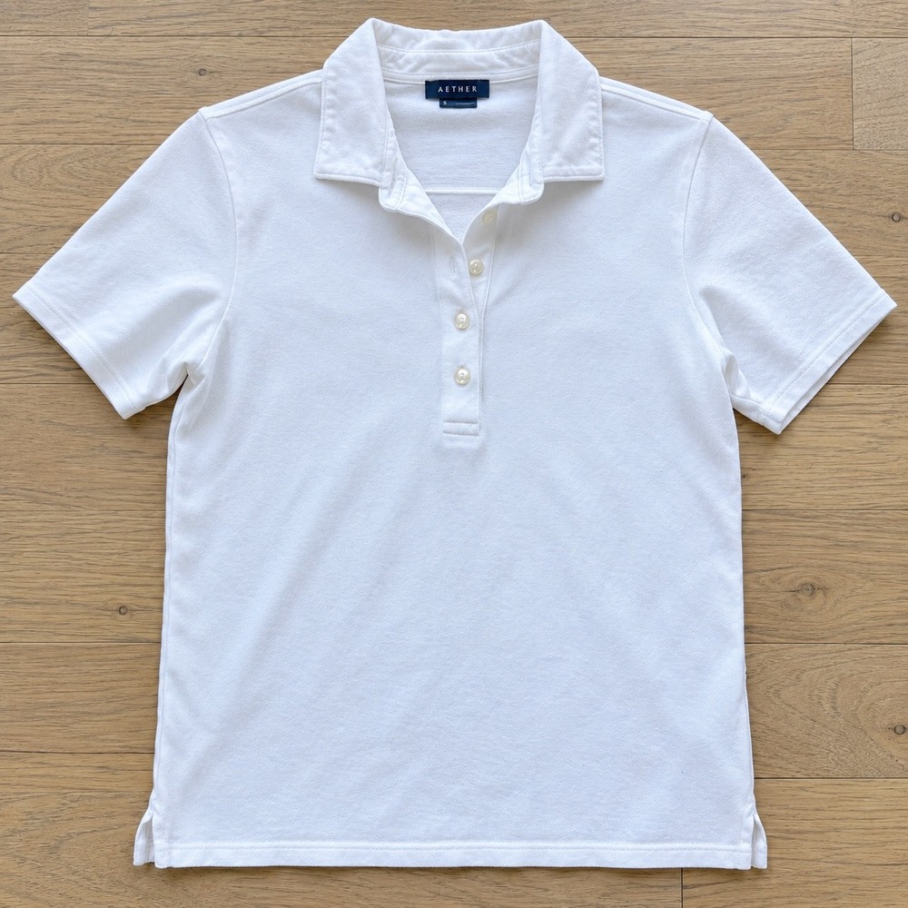 Aether Polo Shirt Women Size S White Short Sleeve Piqué Cotton Stretch WK1809